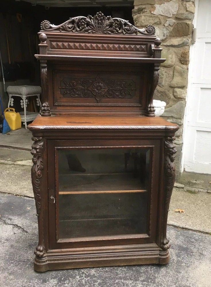 VICTORIAN OAK BEVELED GLASS GRIFFIN CABINET, R. J. HORNER