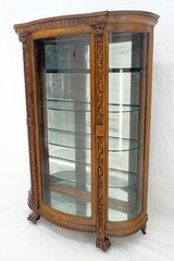 Fine Carved Tiger Oak Lion Feet & Head Curved Glass China Cabinet c1880s MINT!