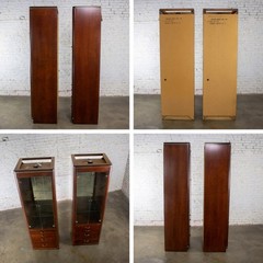 Modern Pair Lighted Display Cabinets by Bassett Furniture Cherrywood & Brass