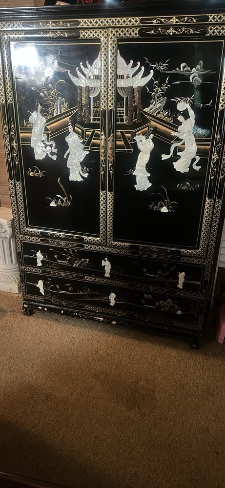Black Asian Motif Wood Cabinet w/ 2 Hinged Doors, 2 Drawers, Pull Handles