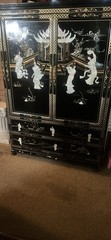 Black Asian Motif Wood Cabinet w/ 2 Hinged Doors, 2 Drawers, Pull Handles