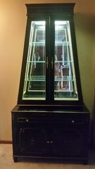 Unusual Shaped Black Lacquer 2 Piece China Cabinet Slender W/ Light & Gold Rope