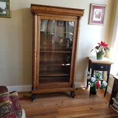 Antique Oak Bookcase China Cabinet – Single Door- Wavy Glass – Paw Feet