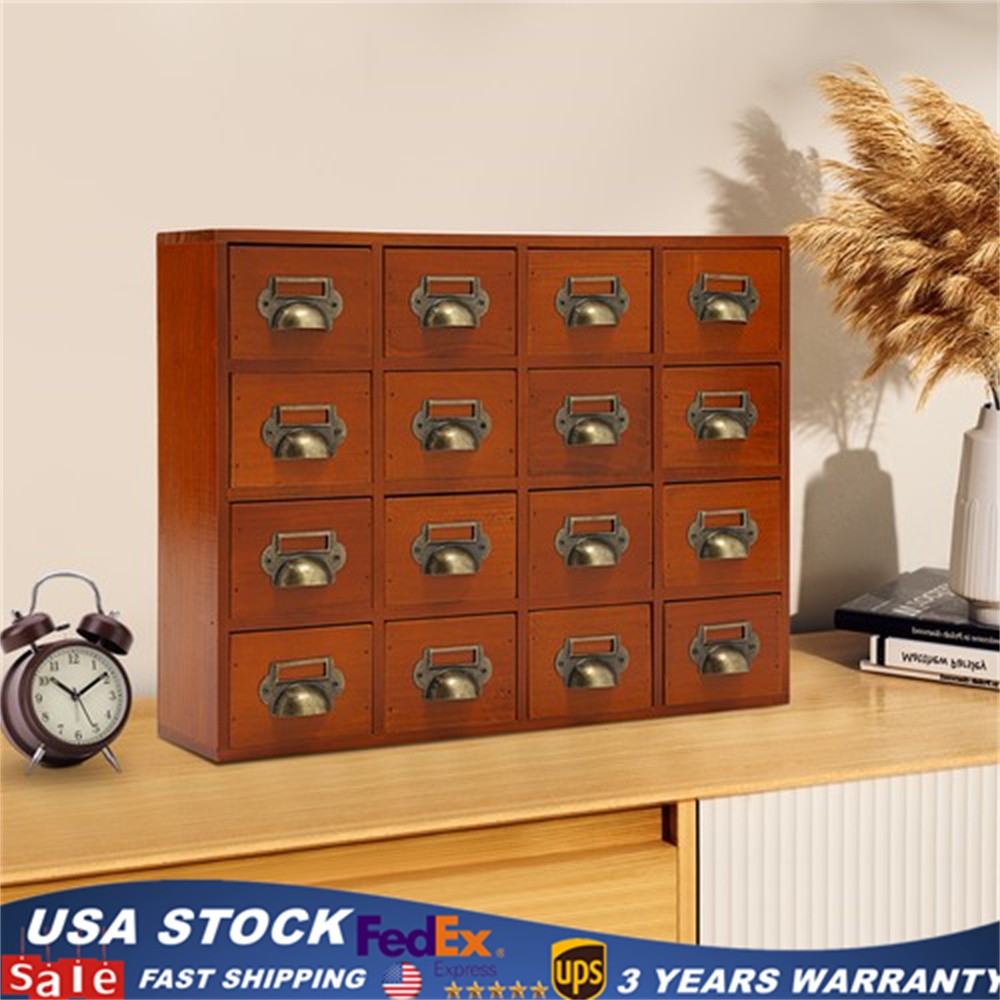 16 Drawers Tabletop Library Card Catalog Cabinet Vintage Apothecary Storage Box