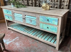 Solomon Cove Reclaimed Boatwood Coastal Console Table, Hand Painted Detail, 85″