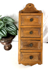 Vintage Primitive Wooden Hanging Spice Cabinet 4 Drawers Wall Mount
