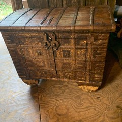 Antique Teak Cabinet With Iron Strapping and Wheels 36L x 21W x29H