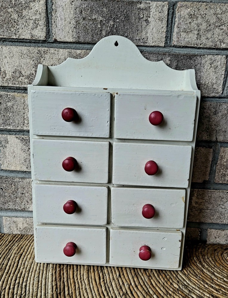 Vintage Wooden Apothecary Cabinet White 8 Drawer Spice Chest Primitive kitchen