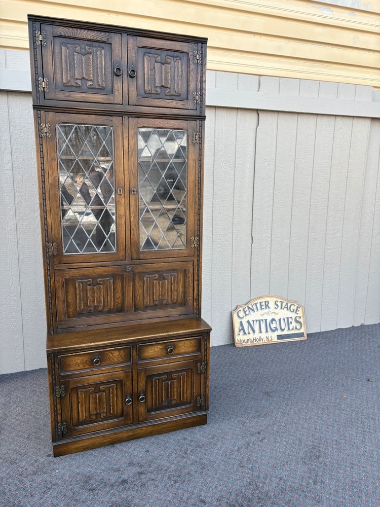 67410 Mid-Century Oak Cabinet with Desk and Leaded Glass Doors