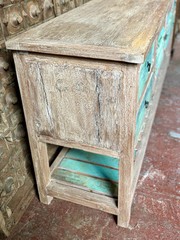 Solomon Cove Reclaimed Boatwood Coastal Console Table, Hand Painted Detail, 85″