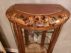 Antique Hand Painted Roses Wooden Curved Glass Curio Cabinet w/ Ormolu Trim