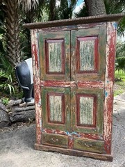 Handmade Rustic Antique Armoire Storage Cabinet Distressed Green Red Finish 70