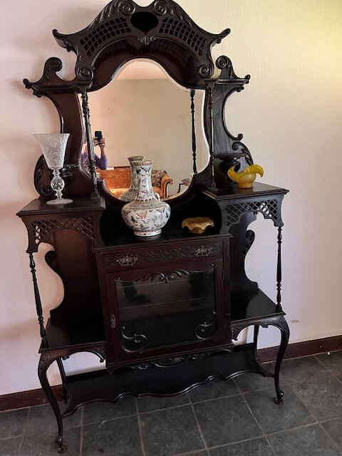 Antique English Victorian Ebony Etagere Display Curio Cabinet