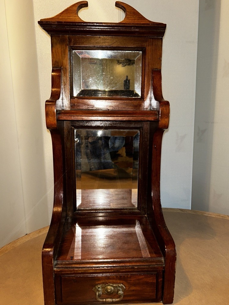 Antique 10”x24” Wooden Shaving Stand, Beveled Mirrors, 2 Shelves w/Drawer