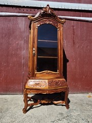 Antique Curio Bombay style Cabinet Carved Wood & Glass 3 Shelves