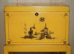ANTIQUE JAPANNED YELLOW ORIENTAL SIDE CHEST ON STAND HAND PAINTED & LACQUERED