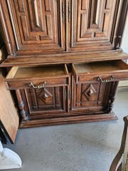 Antique French Sideboard 2 piece, Two Door Molded Decoration, Walnut Turned