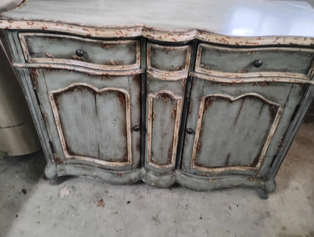 Antique Distressed Blue Wood Base Cabinet Raised Panel Doors Drawers Carvings