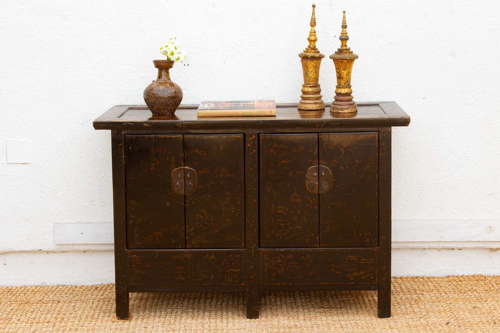 Antique Black Lacquer Chinoiserie Buffet Cabinet, Asian Lacquer Cabinet