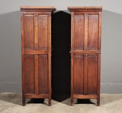 50″ Tall Pair of Vintage French Solid Oak Wood Highly Carved Gothic Cabinets