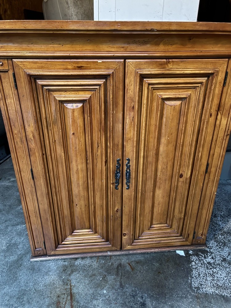 Antique Wooden Cabinet, Raised Panel Doors, Carvings, 48″ Tall, Two Doors