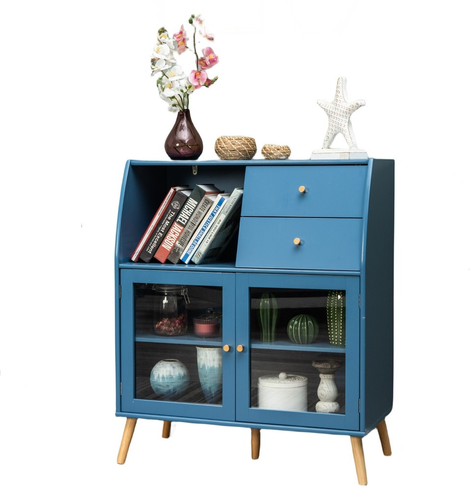 Storage Cabinet Blue Cabinet with Glass Doors Sideboard Display Cabinet Bedroom