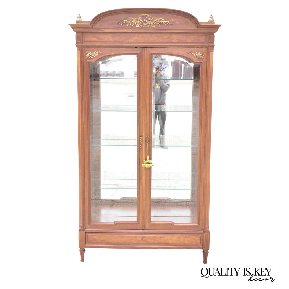 Antique French Louis XVI Style 94″ Curio China Display Cabinet Bookcase w Bronze