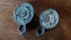 ANTIQUE ORIGINAL PAIR DECORATIVE CAST IRON & COPPER DRAWER DROP PULLS