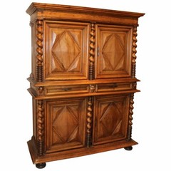 17th c French Louis XIV Baroque Flame Walnut Two Part Cupboard