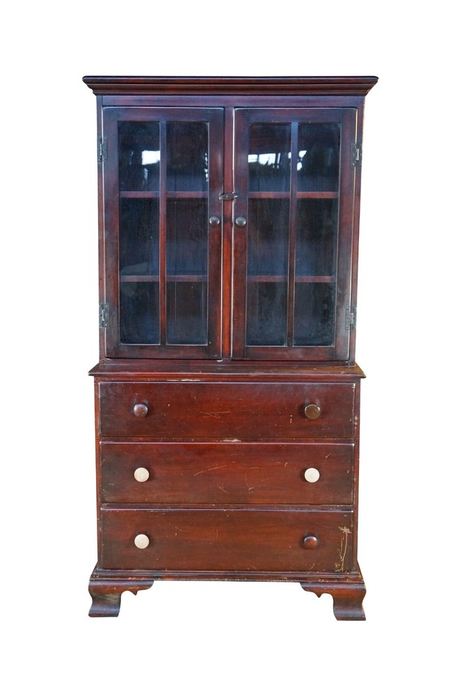 Mid Century Mahogany Stepback China Display Cabinet Hutch Bookcase 68″