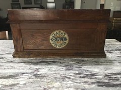 Antique “CLARK’S ONT” Oak Spool Cabinet, 4 Drawers, Slant top desk.  EXC COND