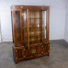 Campaign or Chinoiserie Style Lighted China Hutch by Bernhardt Dark Oak & Brass