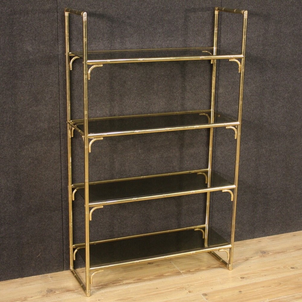 Bookshelf in gold metal faux bamboo etagere vintage 4 shelves glass furniture