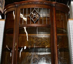 Victorian Carved Wood & Glass Curio Cabinet Leaded Glass Convex Ball & Claw Feet