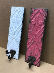 VTG Decorative Set 2 Tin Ceiling Metal Single Hook Wall Rack Plaque Old 403-26B