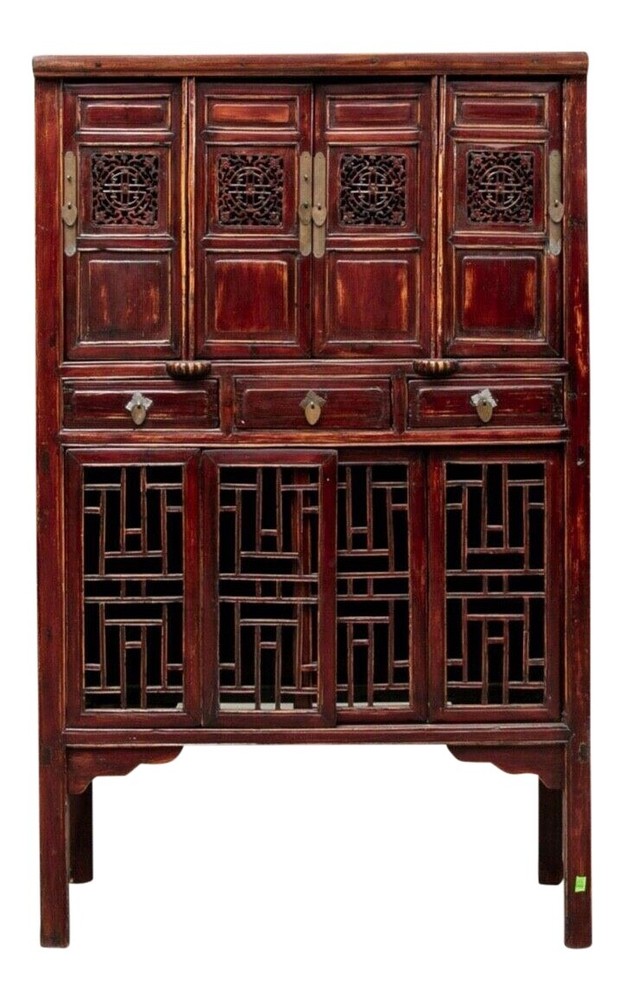 19th Century Chinese Kitchen Cabinet, Pantry or Cupboard With Fretwork Motif
