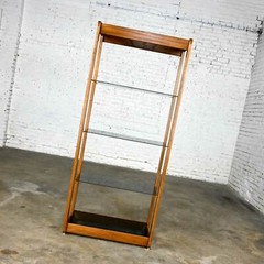 Vintage MCM Oak Frame & Smoked Glass Etagere Display Shelf Bookcase