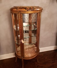 Antique Hand Painted Roses Wooden Curved Glass Curio Cabinet w/ Ormolu Trim