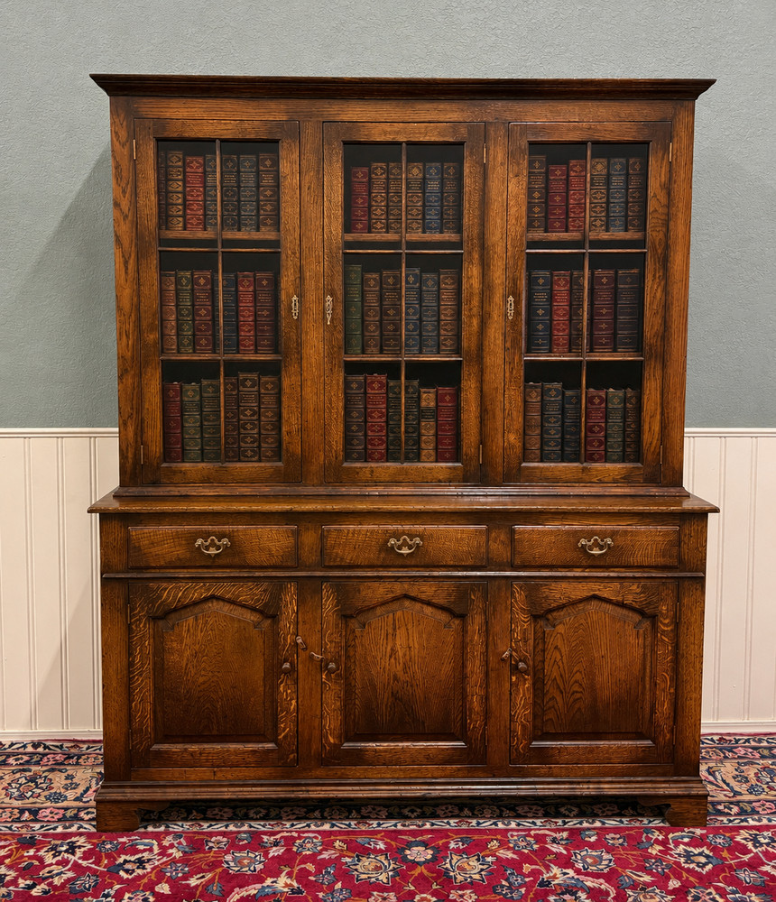 Antique English Large Bookcase Cupboard Cabinet Triple Door Glass Oak c. 1930s