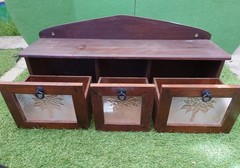 Vtg Solid Wood Hanging Cabinet, 3 Drawers , Embossed Frosted Glass ,Rustic 24in