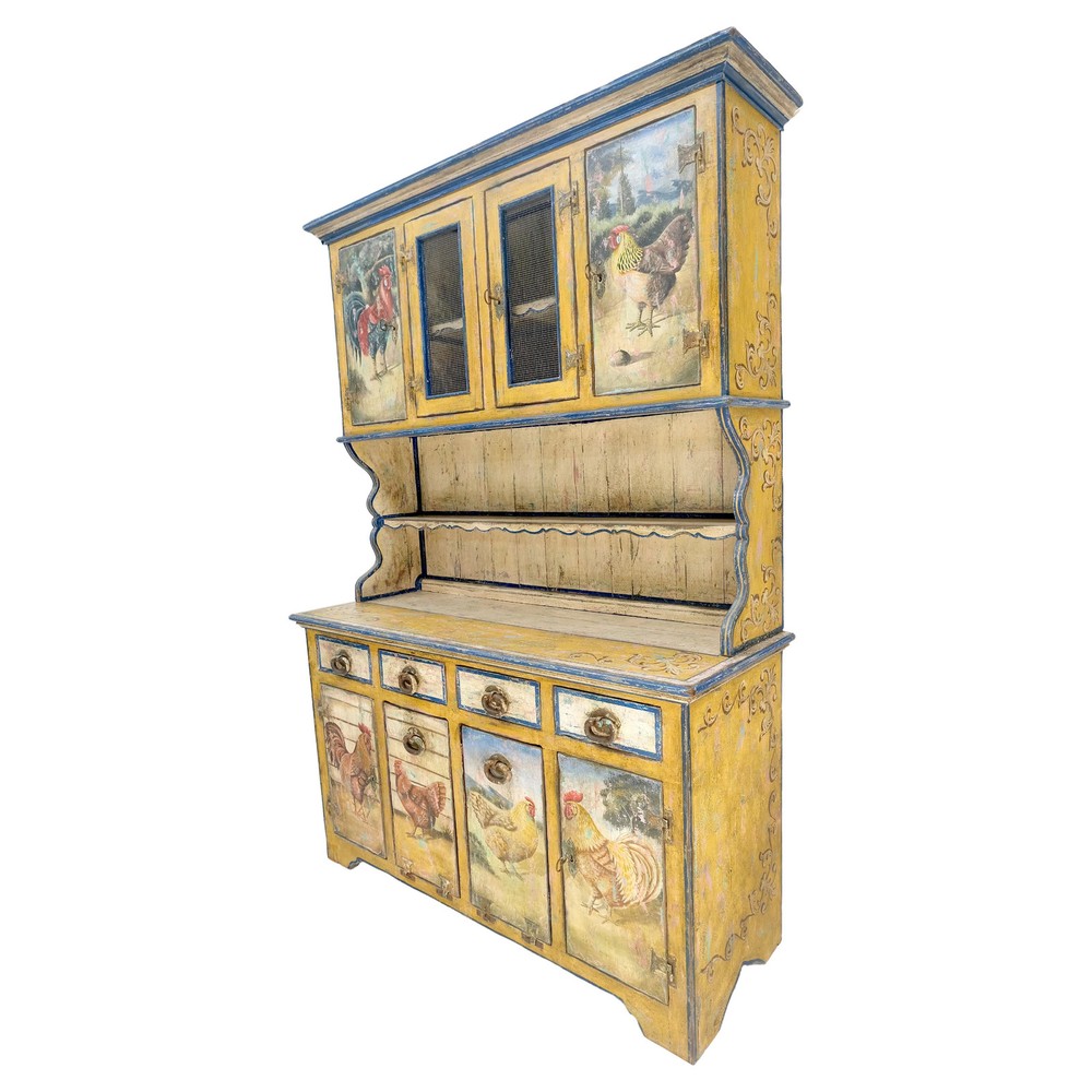 Rare Phenomenal Solid Teak Country Paint Decorated Painted Farm Style Cupboard