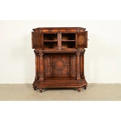 Antique French Renaissance Revival Ornate Carved Walnut Bar Cabinet, Circa 1890s
