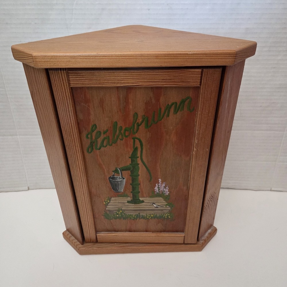 Vintage Norwegian Hand Painted Corner Cabinet Halsobrunn Health Folk Art Turns