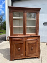Antique Walnut 2pc Kitchen Hutch Cabinet Stepback Pantry Farmhouse Cupboard
