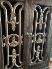 Vintage Wood and Iron Wine Cabinet / Buffet Storage Cabinet