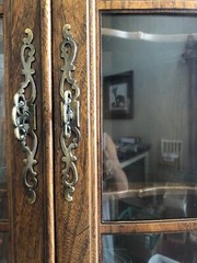 Pair (2) of French Corner Cabinets -Ash and Burl  – Glass/wood doors & shelves