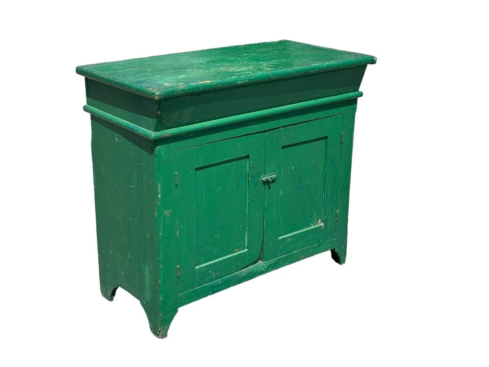 antique dry sink old green paint PA folk art 1800s primitive softwood cabinet