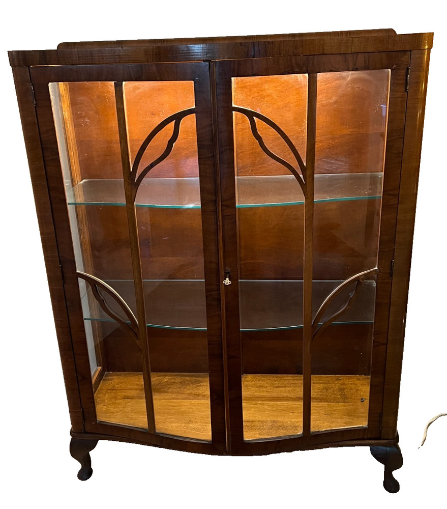 Art Deco China Cabinet Curio Locking Double Door Two Glass Shelves Lighted
