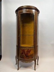 Antique French Louis XV Style Vitrine, Curved Glass Display Cabinet Hand Painted