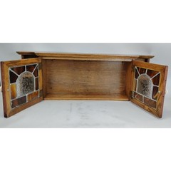 Handmade Oak Wall Cabinet Stained Slag Glass Doors Shelving 32in Cabin Kitchen